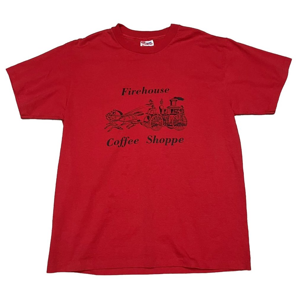 Vintage 90s Hanes 50/50 Single-Stitch Red Firehouse Crew T-shirt Size Large USA